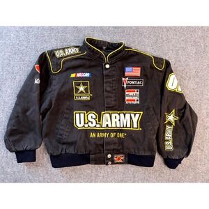 JH Design Kids XL US Army‎ NASCAR Racing Jacket Black Twill Embroidered Snap